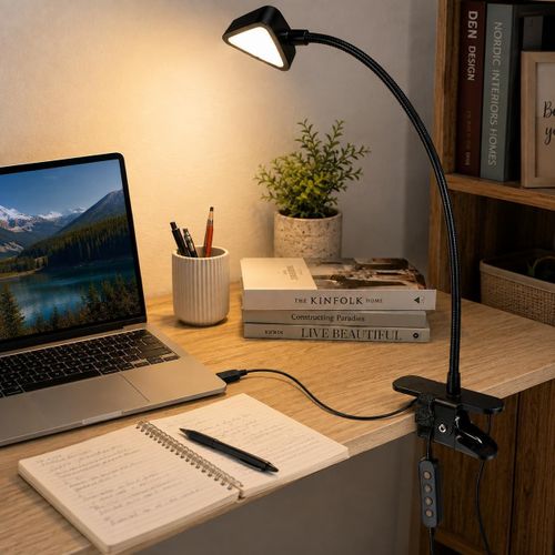 LED Clip Reading Lamp USB Powered Flexible Gooseneck Light 12 Energy Saving LEDs 10 Brightness Levels 3 Color Temperatures Adjustable Clamp For Book Desk Bed Study Office Reading Black