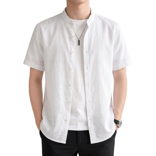 AlRageh Men's White Mandarin Collar Short Sleeve Shirt
