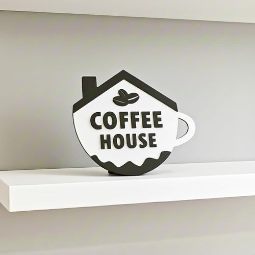 Kitchen decor in the shape of a small house, a miniature coffee shop, decorative figures measuring 22*18, made of wood, 8mm thick, in black and white. A decorative shelf piece that complements your home decor and adds beauty and elegance.