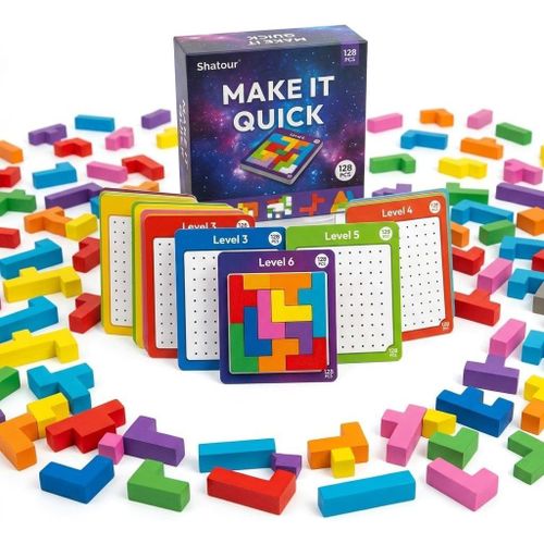 Make It Quick Competitive Puzzle Game – 128 Pcs Educational STEM Toy – Fast-Paced Shape Matching Board Game for Kids & Adults – 48 Challenge Cards & 80 Geometric Blocks – Travel Friendly Family Gift