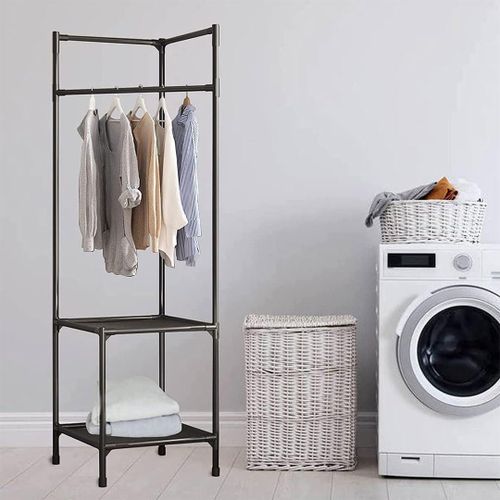 Corner Garment Rack with 2-Tier Shelves, White Metal Frame, Clothes Hanging Rod, Bedroom Storage