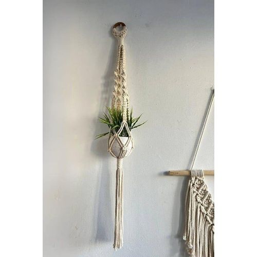 Handmade Macrame Plant Hanger, Natural Cotton, 110cm Length, White, Wall Mounted, Decorative Indoor Planter with Wood Hoop