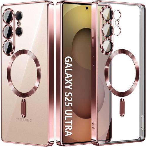 For Samsung Galaxy S25 Ultra Magnetic Case, Compatible with MagSafe, Built-in Camera Lens Protector, Luxury Plating Soft TPU Clear Shockproof Slim Thin Cover (Rose Gold)