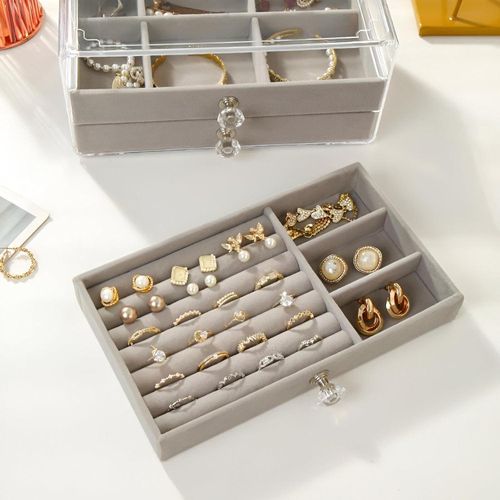 Clear acrylic jewelry organizer with 3 velvet-lined drawers and crystal handles – multi-compartment makeup and jewelry storage box