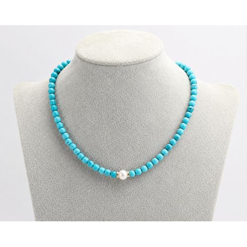 Necklace turquoise stones Silver metal white Pearl