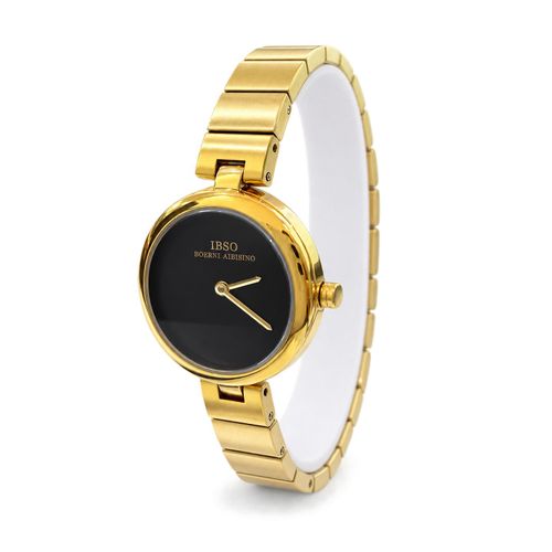 Women’s Gold Stainless Steel Wristwatch with a Round Black Dial