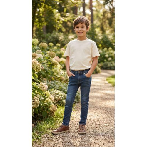 Boys Slim Fit Denim Jeans with Adjustable Waistband & 5 Pockets, Casual Everyday Stretch Pants for Kids & Teens - Dark Blue