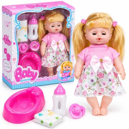 Baby Doll with Blonde Hair Feeding Bottle Pacifier and Pink Care Accessories - Q812A-7