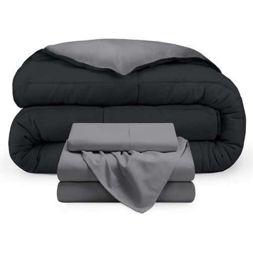 Complete bed set - 5 pieces - Quilt in one color, size 225 * 235, fitted sheet with elastic, size 180 * 200, pillowcase, size 45 * 180, 2 cushion covers, size 50 * 70 - The set is stylish and practical, in two harmonious colors (dark gray & black).