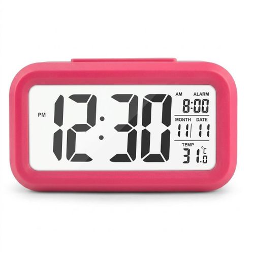 Minimalist Pink Digital Alarm Clock with Temperature Display
