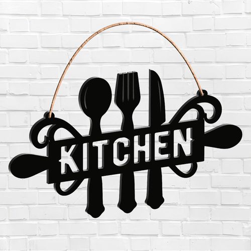 ديكور للمطبخ بكلمة Kitchen, مقاس 25في40, قطعة فنية للحائط, خشب MDF إسباني عالي الجودة، لون أسود، سماكة 6 ملم، ديكور مجسم عصري، تصميم أنيق وجاهز للتثبيت, ياتي معه دبل فيس لاصق