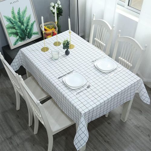 High-quality rectangular plastic tablecloth, 137-183 cm Classic gingham check pattern Water, oil, and stain resistant Ideal for kitchens, picnics, and parties White color