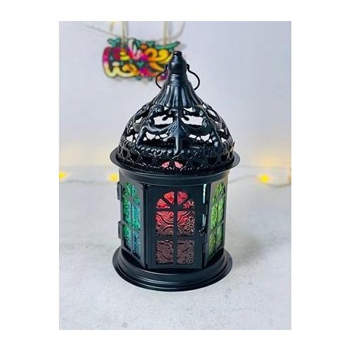 Round metal Ramadan lantern, black with colored glass. Size: 23 cm