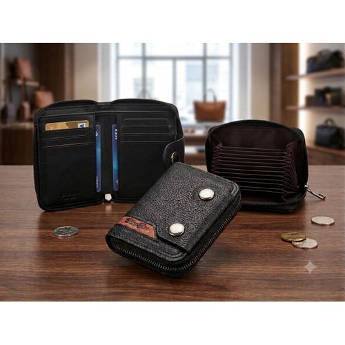 Men's Premium Multi-Slot Zip Wallet & Card Holder - Elegant Black Leather
