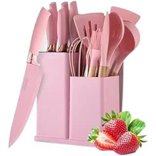 Complete 19-piece kitchen utensil and knife set with a stylish holder, including silicone cooking tools and sharp knives.