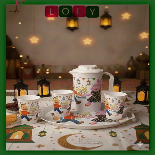 طقم تقديم رمضاني مع صينية وإبريق و3 أكواب - أدوات إفطار وسحور