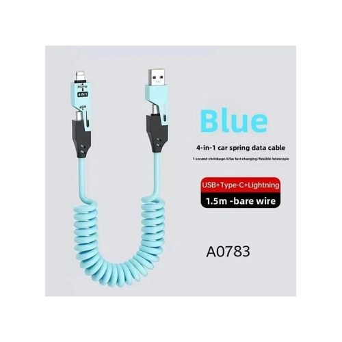 4-in-1 data cable compatible with iPhone, Samsung, and Android, USB Type-C and USB Type-A, 65W fast charging, metallic, light blue, 1 meter