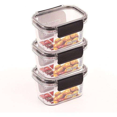 Acrylic Refrigerator Food Container Set of 3 Pieces with Airtight Lock and Clear Silicone Sides - 3 x 400 ml