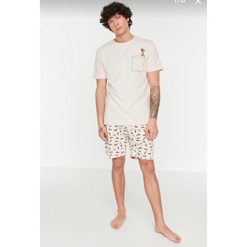 Men Summer Pajama Set - Coffe Regular Fit Teddy Bear Printed Cotton 100