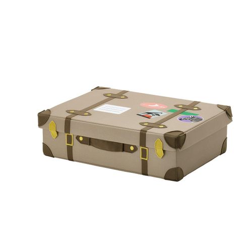 Storage trunk Beige travel trunk with brown straps, yellow buckles, and colourful stickers. Perfect for storage and playful adventures.