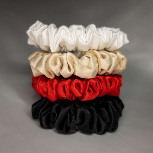 Set of 4 Mini Satin Scrunchies – Off-White, Beige, Red & Black