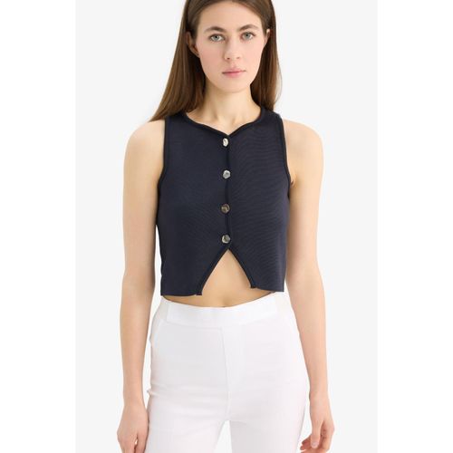 Regular Fit Crew Neck Buttoned Black Knit Vest