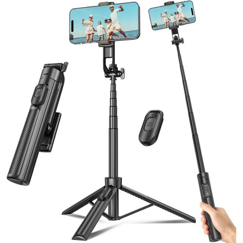 Selfie Stick Travel Tripod for Cell Phone with Remote Control and Phone Holder, Extendable Selfie Stick for iPhone, iPhone Tripod for Video Recording, Cell Phone Tripod Stand, 50 Inch, Black