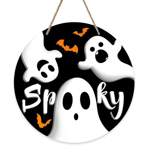 Halloween Spooky Ghost Front Door Sign, Scary Bats Wood Hanger Outdoor Outside Porch Home Decor, Funny Wooden Wreath Indoor Wall Hanging Decoration