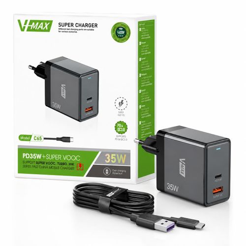 V-MAX C65 35W Fast Charger PD & QC3.0 Dual Port USB-C + USB Charger With Type-C Cable