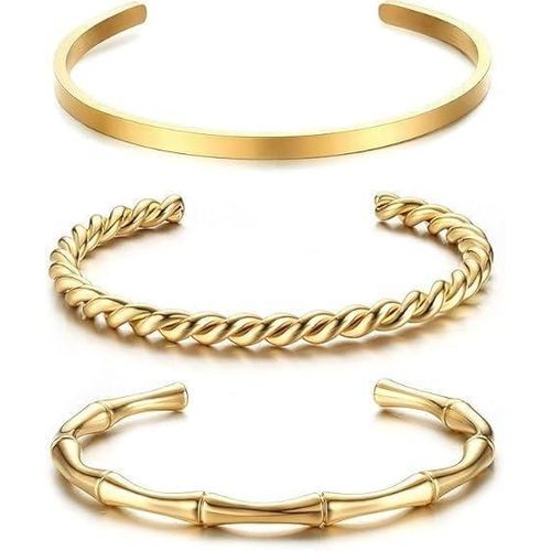 Luxury Women's Bracelet Set - 3 Piece Set (Twisted Bamboo Classic) Stainless Steel Waterproof 14K Gold Plated Stylish Accessory for Gifts Parties Special Occasions