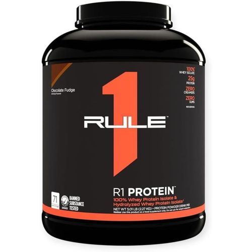 Rule 1 R1 Protein Powder - Chocolate Fudge (5 lbs / 2.27kg, 71 Servings) - 100% Whey Isolate & Hydrolysate Blend - Ultra-Pure Muscle Recovery & Growth Shake - Low Fat, Zero Sugar & Gluten-Free Gym Supplement