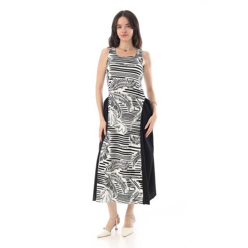 Square Neckline Side Accent Sleeveless Dress - White & Black