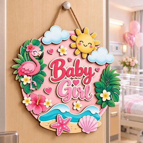 Baby Girl Wooden Hanging Plaque, Baby Room Decor, Nursery Door Sign and Hospital Room Decor, Multilayer Design, Newborn Gift, 40x40cm Flamingo