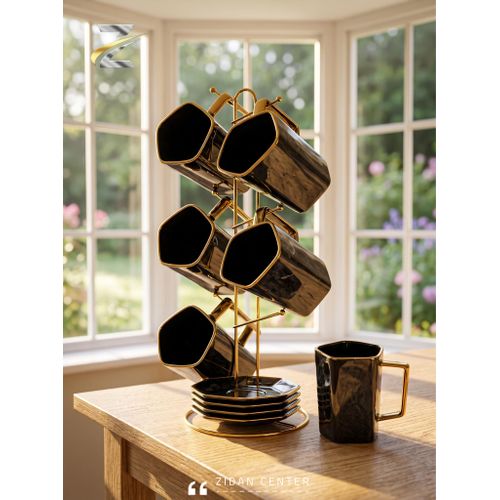 Porcelain Tea Mug Set Of 6 Pieces + High-quality Gilded Stand
