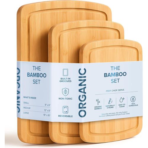 Wood Cutting Boards for Kitchen Counter – Bamboo Cutting Board Set with Stick-On Grips (3 Pack), Thick Non-Slip Wooden Chopping Boards for Meat, Cheese, Produce & Serving