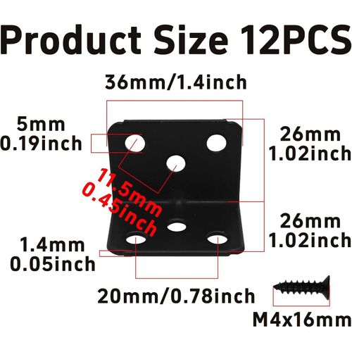12PCS 36x26x26mm Metal Corner Braces, 90 Degree L-Shaped Support Brackets, 6 Holes Right Angle Shelf Brackets for Furniture, Cabinets, Shelves with Screws(Black)