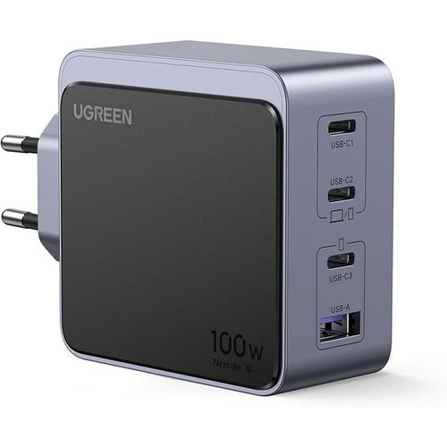 100W GaN Wall Charger 4-Port Fast Charging 3x USB-C 1x USB-A Power Delivery Adapter EU Plug Grey