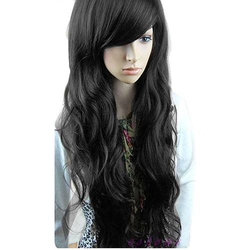 Synthetic Hair Wig Long Wavy In Black Color Fiber Hair