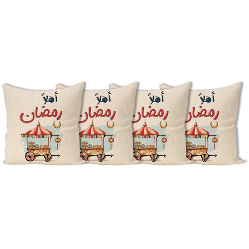 Decorative Cushion Covers, Arabic Text with Food Cart Design, Beige, Set of 4 SIZE (40x40) Ramadan