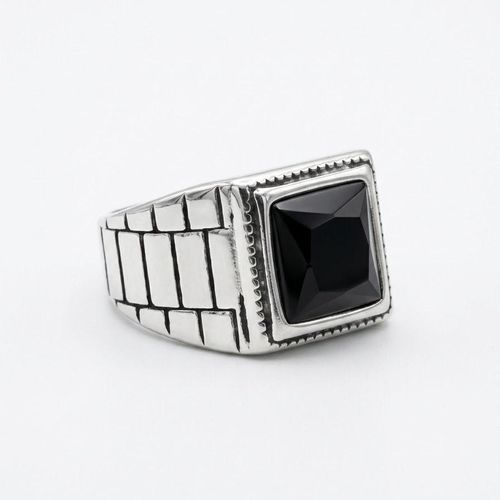 Men's Stainless Steel Signet Ring with Faceted Black Stone & Brick Pattern Sides