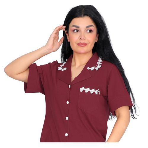 Women's Viscose Short Sleeve Button Pajamas Black, Maroon & Navy Blue Shirt and Pants Set