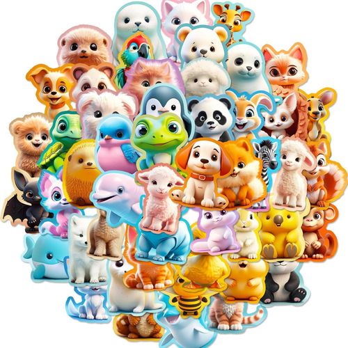 50 Pcs Kawaii Stickers for Kids, Cute Colorful Animal Water Bottle Laptop Scrapbook Stickers, Funny Realistic Waterproof Vinyl Bulk Stickers Packs for Toddler Kids Girls Teens