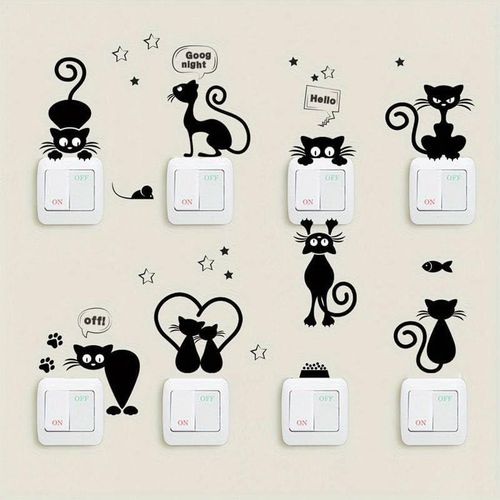 Cute Cat Star Cake Mouse Fish Claws Good Night Hello Off Vinyl Decal for Phone Cup Laptop Nursery Decor Light Switch Decor Black