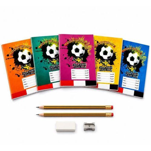 School Stationery Bundle – 5 English Ruled Notebooks, 56 Sheets Each + 2 Pencils + Eraser + Sharpener
