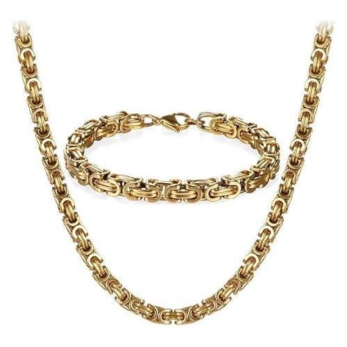 Fayruz Jewelry Byzantine Stainless Steel Bracelet and Chain Set for Men 8mm Width 8.5 Inch Bracelet (Gold Set)
