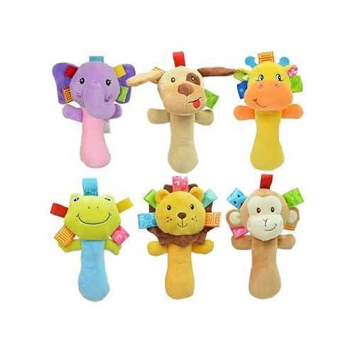 KIDSZONE Baby Soft Plush Animal Rattle Toys – Infant Hand Grip Toys with Crinkle Tags Sensory Development Rattles for Newborns & Toddlers (Assorted characters)