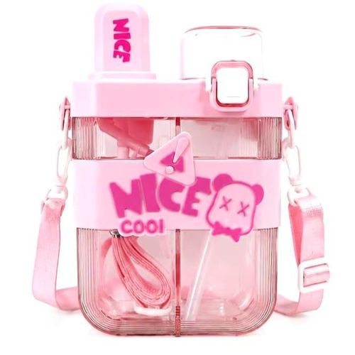 Double-opening water bottle with carrying strap, elegant pink design, hygienic, durable and practical.
