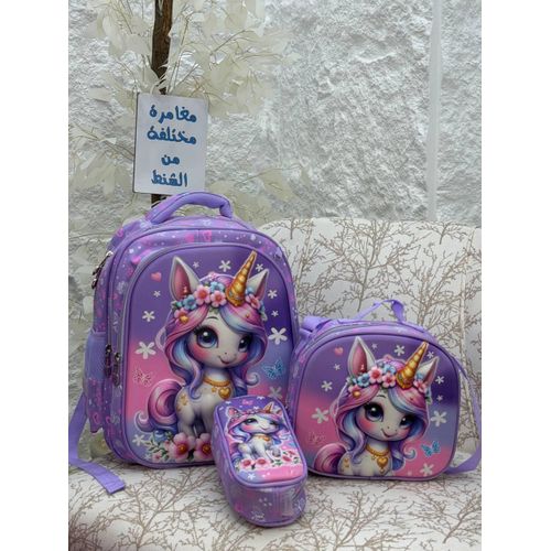 3D Unicorn 3 pcs School primary Backpack Bag Set Backpack with Lunch Box Bag and Pencil Case