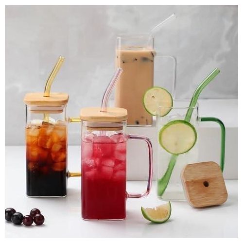 Square design mug with straw and airtight bamboo lid, suitable for all hot and cold drinks, (1 piece)