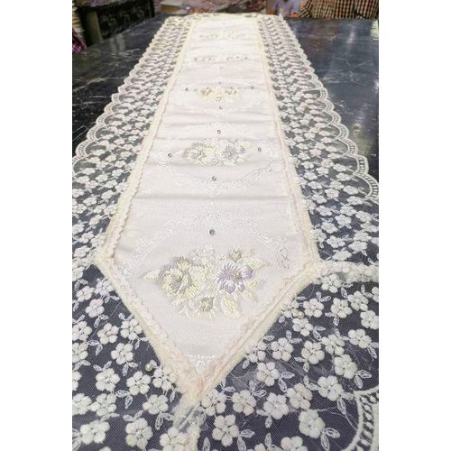 Turkish Table Runner - High-Quality Fabric (Heavyweight Chenille with Lace Trim) - Size 160cm x 45cm, Color (White and Pink Rose)